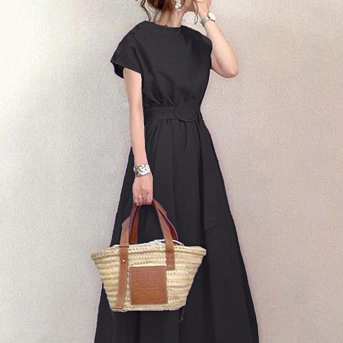 Women Maxi Length Dress Japanese Short Sleeve Switching Ladies Fashion Korean Style A-line Pullover Swing Dresses