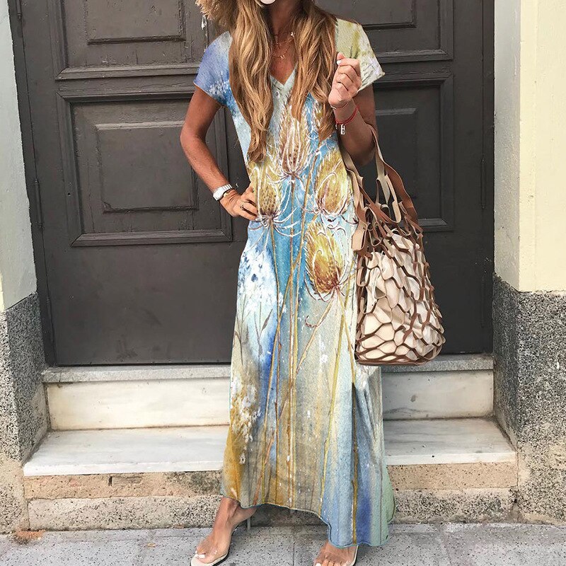 Sexy Long Floral Print Short Sleeve Maxi Dresses Summer Elegant V Neck Loose Boho Dress