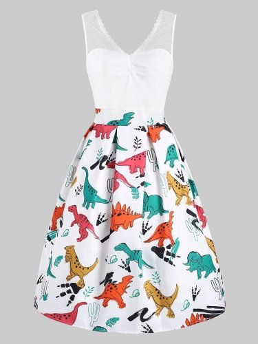 1950s Dinosaur Mesh Patchwork Dress