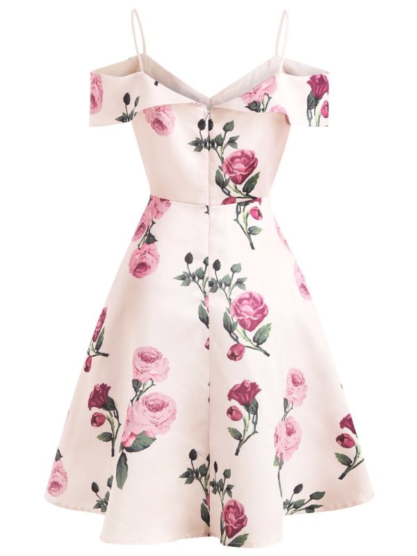 Pink 1950s Floral Spaghetti Strip Dress