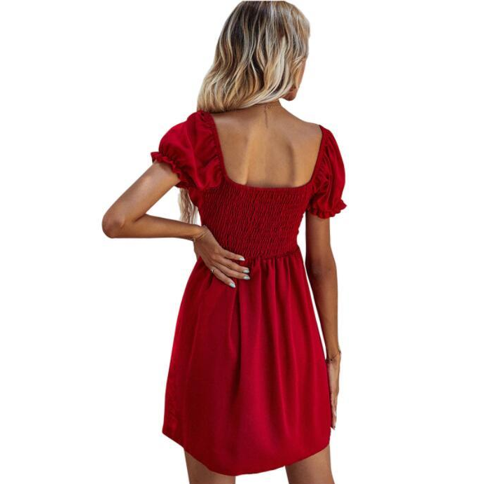 2021 Summer Elegant Ladies Red Solid Mini Dress Women Casual Short Puff Sleeve Single Breasted Button V Neck Vintage Dresses