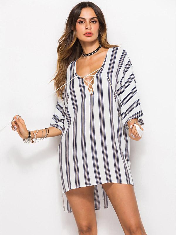 Loose Plus Size Striped Fashion Lace-up Blouse