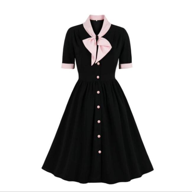 Neck Vintage Style Single-Breasted Half Sleeve Fall Clothes for Women Black Knee Length Polyester Dress 2021 Elegant