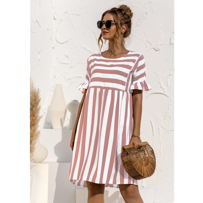 2021 Summer New Fashion O Neck Women's Dress Casual Loose Solid Short Sleeve Ruffle Patchwork Pocket Ladies Stripe Dress