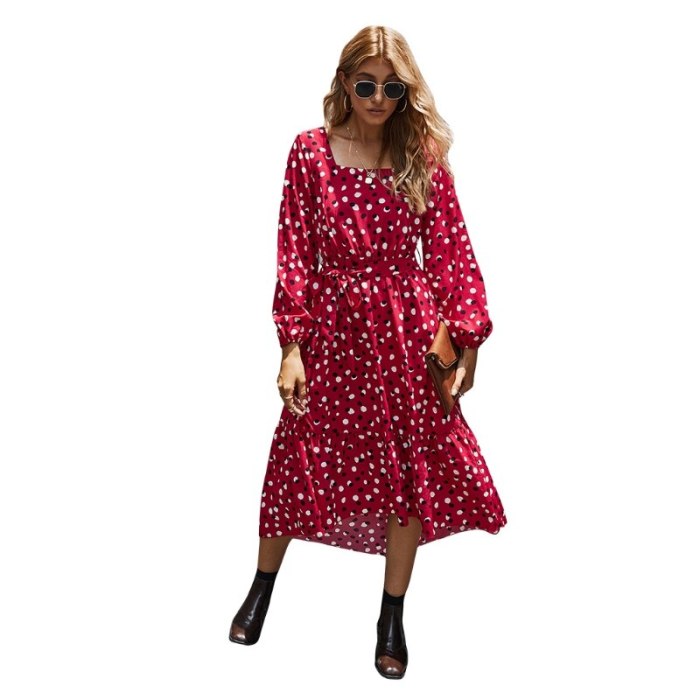 Women Polka Dot Elegant Square Collar Long Sleeve Waist Belt Dress Casual Summer Loose Streetwear Clothes