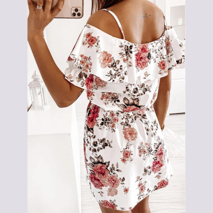 Sexy Spaghetti Strap Beach Off Shoulder Floral Mini Woman Dress 2021 Summer Casual White Ladies Dresses For Women Robe Femme