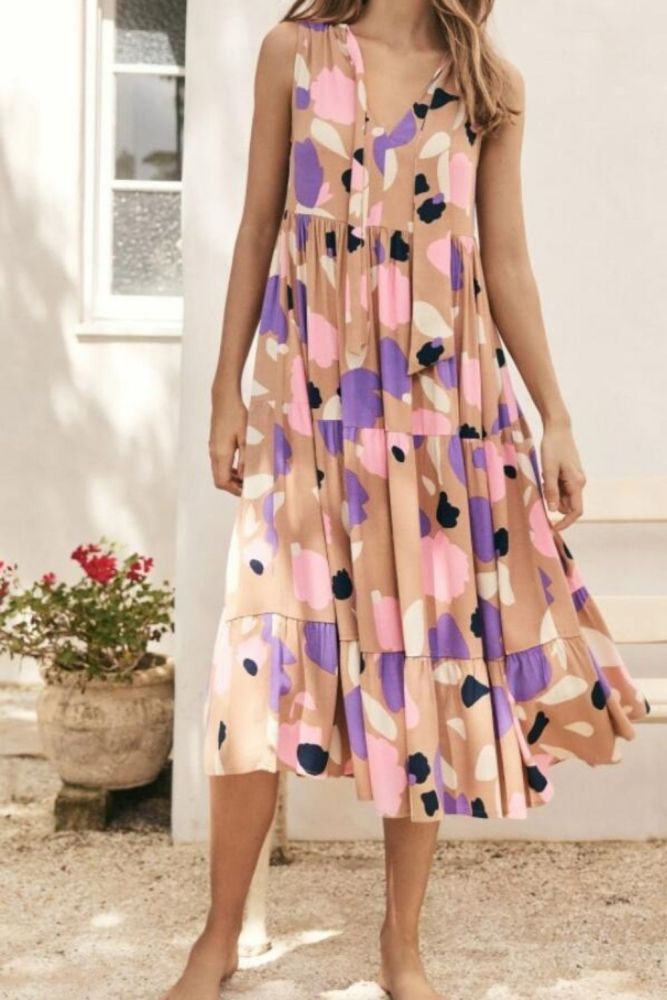 Women V-neck Sleeveless Print Midi Dresses Casual Female Fahion Pleated Dress 2021 Summer Ladies Vacation Beach Vestidos