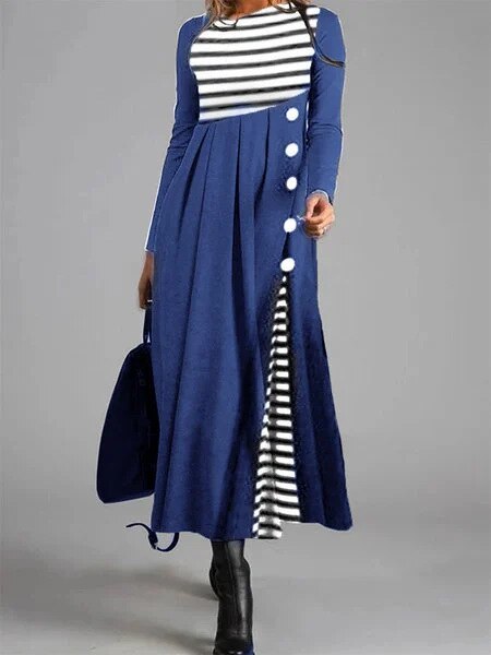 Spring New Women'S Hot Style Fashion Round Neck Striped Color Matching Loose Large Size Ladies Large Put On Mid Length Dress