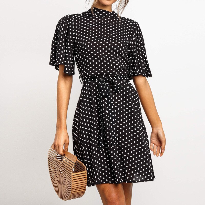 Summer Hot Sale Polka Dot Print High Neck Tie Short Sleeve Chiffon Dress