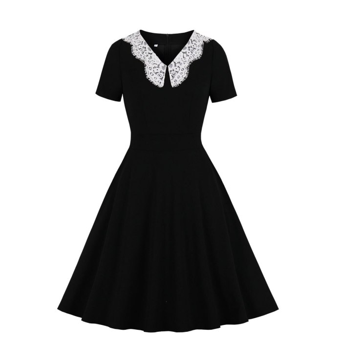 Vintage Lace Black Women Dress V Neck Short Sleeve Retro Women Dresses Rockabilly Party Dress Swing Casual Dress