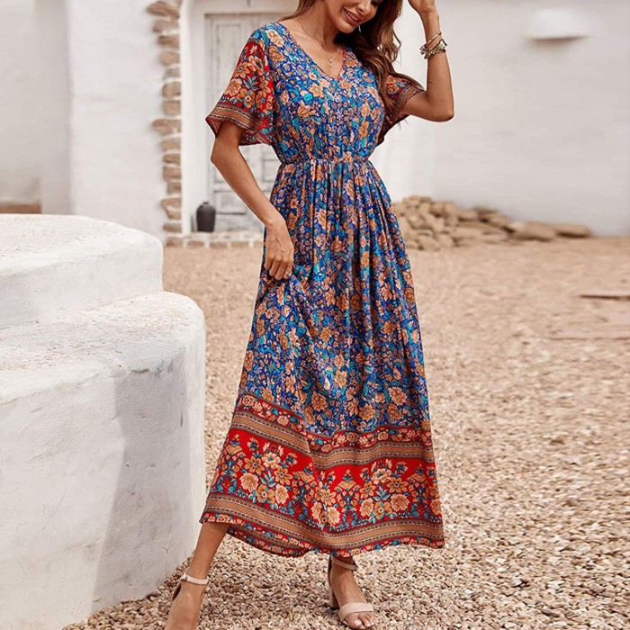 Bohemian Loose Dress Women’s Summer Foral Printing Short Sleeves Maxi Dress Sexy V Neck Pleated Beach Plus Size Long Dress