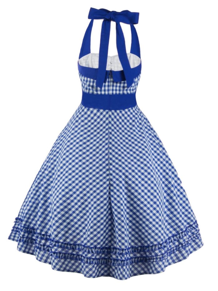 1950s Plaid Pocket Halter Swing Dress