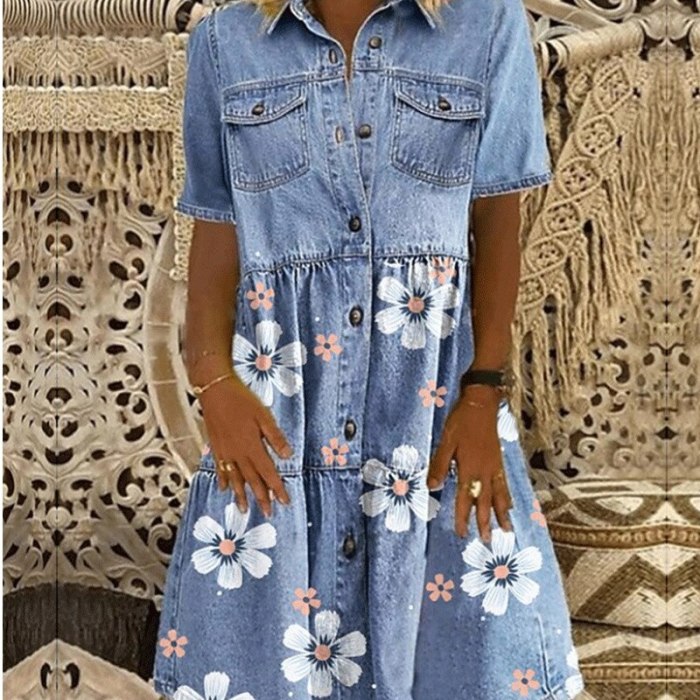 2021 Summer Casual Short Sleeve Button Dress Women Elegant Floral Print Party Dresses Ladies Fashion Turn-down Collar Maxi Dress