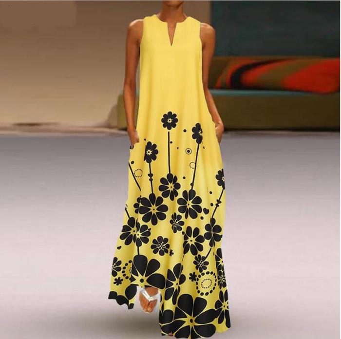 Women's Printed Sundress Bohemian Summer Maxi Dress Pockets Casual Sleeveless Plus Size 5XL Summer Dresses