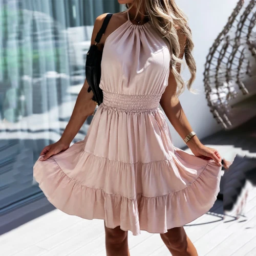 Women Summer Knee-length Dress Ruffle Backless Sexy Evening Party Halter Lace Up Dresses New Fashion Femme Sweet Casual Vestidos