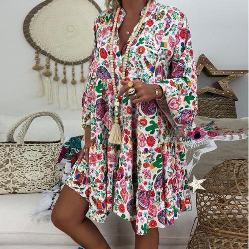 Bohemian Stand Collar Floral Long Sleeve Ruffled Casual Dress