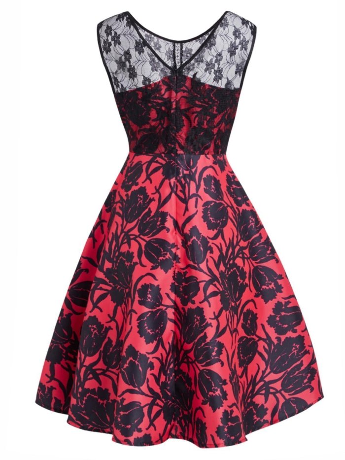 Red 1950s Lace Floral Dress