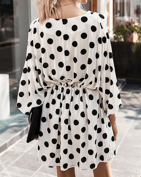 Sexy Button V Neck Straight Half Sleeve Polka Dot Mini Dresses