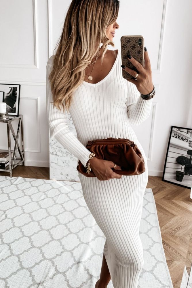 Elegant Fashion Knit Ribbed Midi Dress Women Long Sleeve Pencil Dress Lady Solid Color Slim Fit Dresses for Autumn Spring