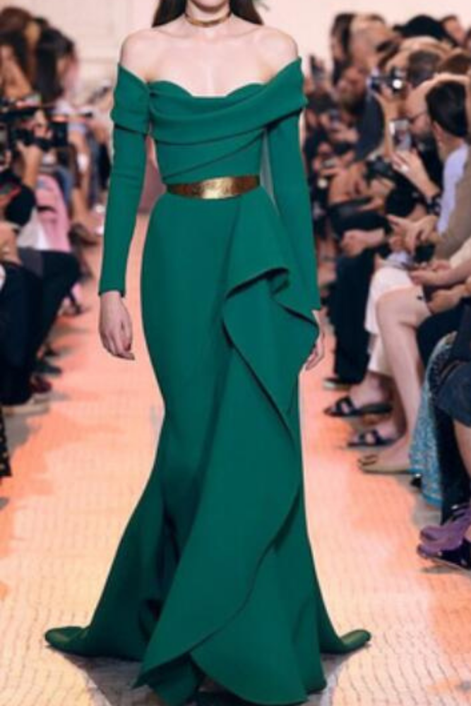 Maxi Dresses For Women Long Sleeves Sexy Fashion Slash Neck Irregular Green Long Dress Elegant Club Party Dresses