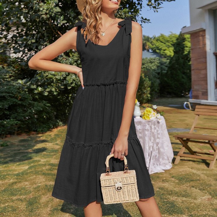 Summer 2021 Casual Sweet Women Dress New Elegant Bow Ruffles Sleeveless V-neck Midi Dress