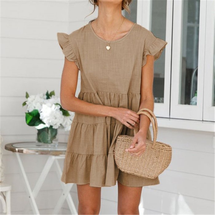Lovely Plain Round Collar Loose Flounce Embellished Vacation Dress