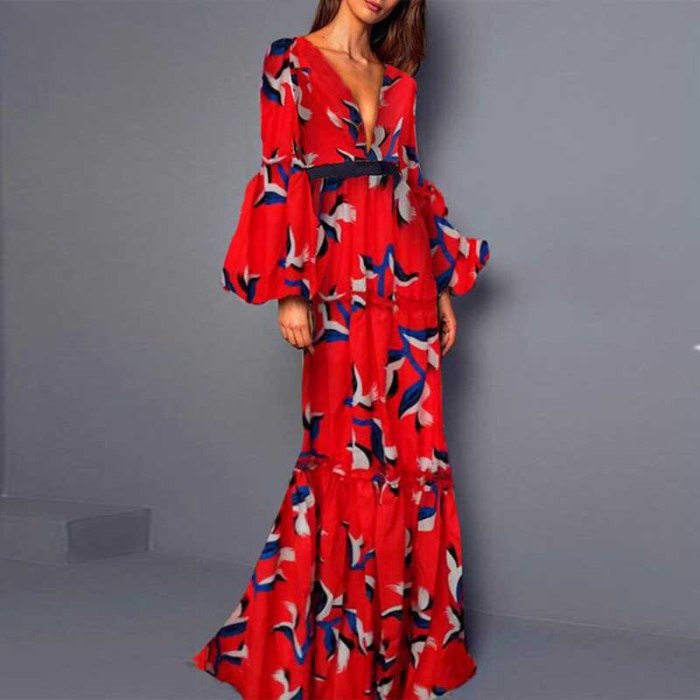Plus Size Women Summer Vintage Elegant Party Night Dresses Sexy V Neck Casual Long Sleeve Maxi Print Fashion Dress