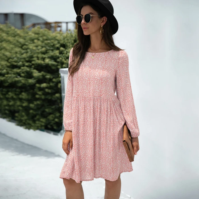 Long Sleeve Cottton Casual Loose O-neck Pink Leopard Print Dress Summer Boho A-line Dress