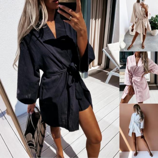 Summer New Women Evening Sexy Loose Occasion Wrap Party Dress 2021 Fashion Ladies Sashes V Neck Solid Color Mini Dress Vestidos