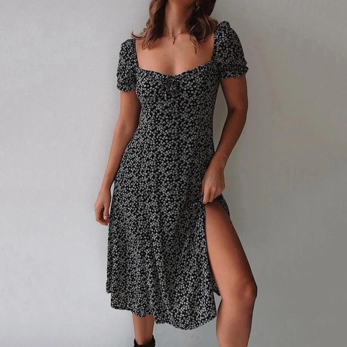 Square Collar Funnel Puff Sleeve Floral Slim Long Dress