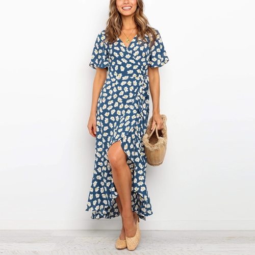 Women Boho Floral Print V Neck Long Split Beach Wrap Dress Ruffles Short Sleeve Maxi Dresses