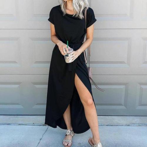 Simple Black Round Neck Short Sleeve Slim Fit Maxi Dress