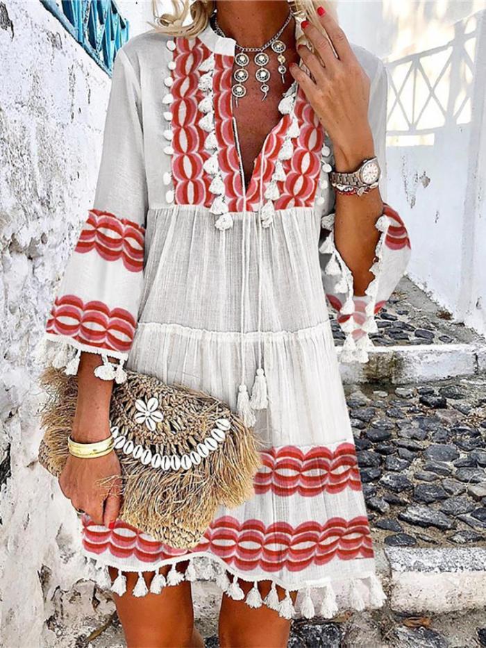 Women's Bohemian Tassel Flare Sleeve Dress