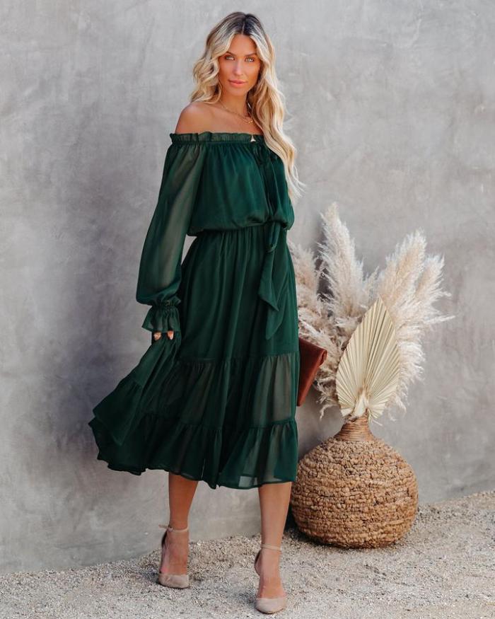 Off Shoulder Lace Up Chiffon Autumn Winter Women Dress Sash Casual Maxi Long Green Dress Robe Femme Vestidos Casual