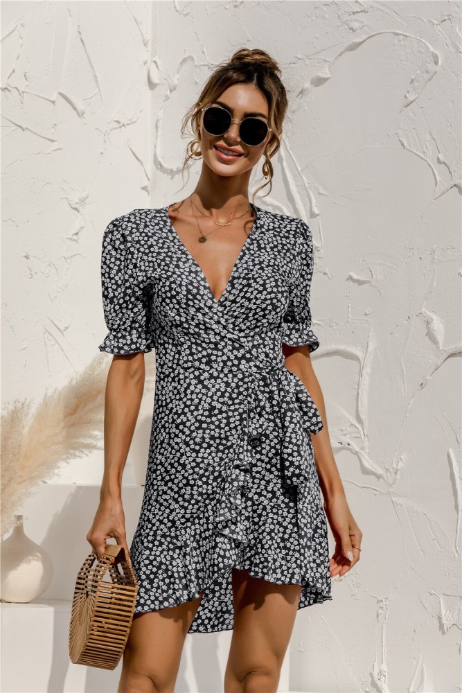 Sexy Deep V-Neck Floral Dress Above Knee Mini Dresses For Women 2021 Sweet Ruffles Butterfly Sleeve Slim Robe Femme Casual