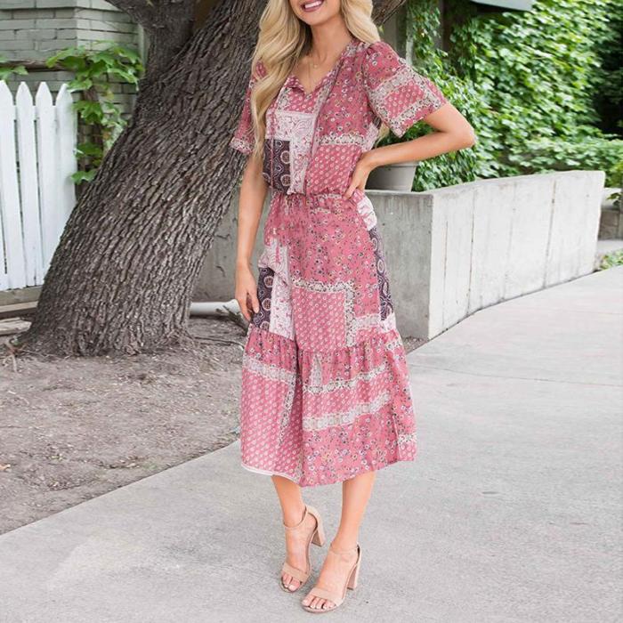 Casual Printed V-Neck Short Sleeves Long Fitted Maxi Dress