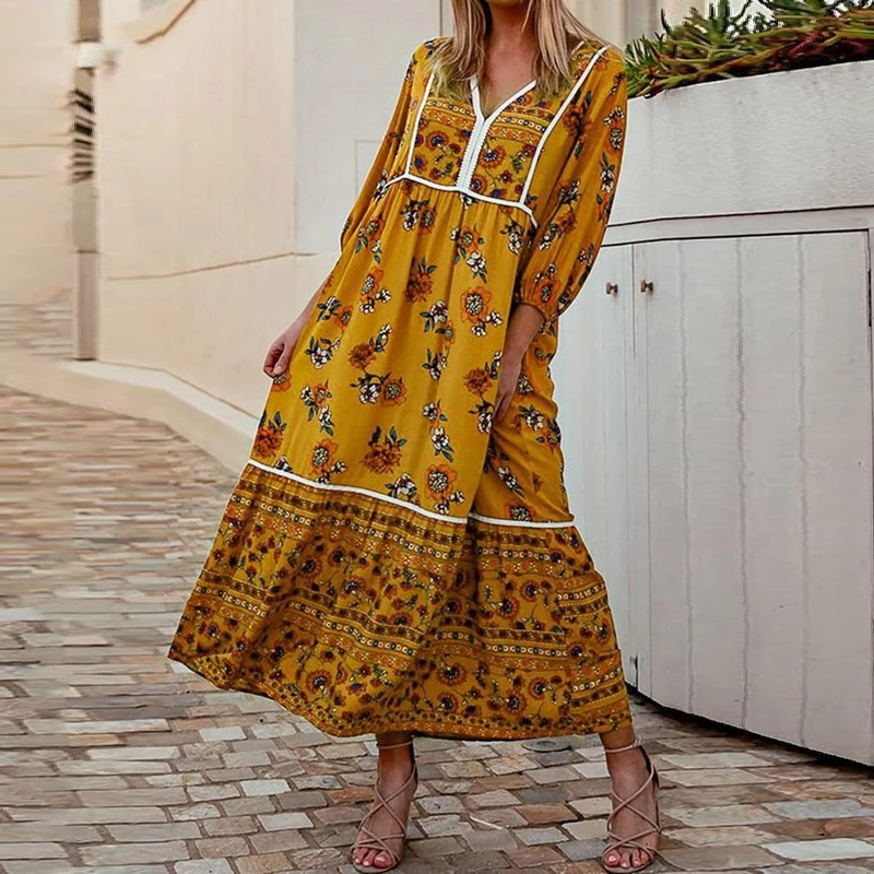 Bohemian V-neck Print Casual Maxi Dress