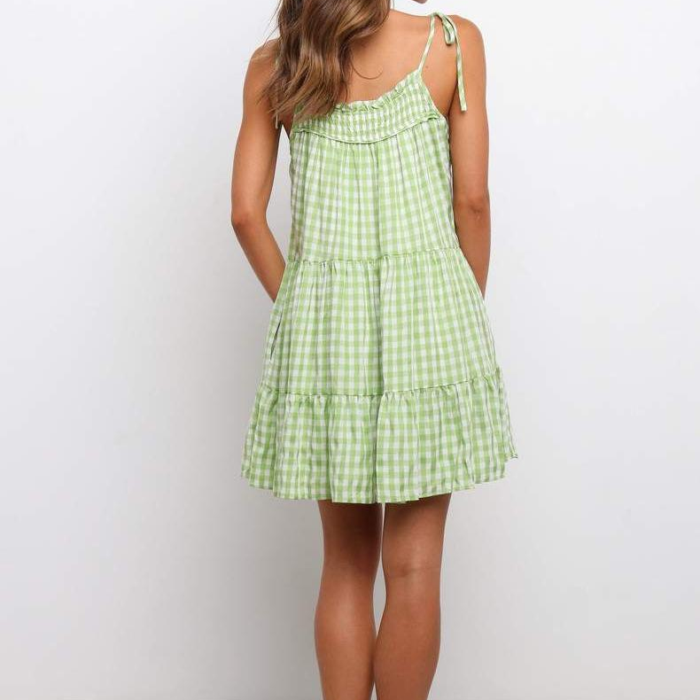 Casual Green Plaid Women Dress Summer Sexy Slash Neck Holiday Style Mini Dress Elegant High-waist Ruffle Dress Vestido