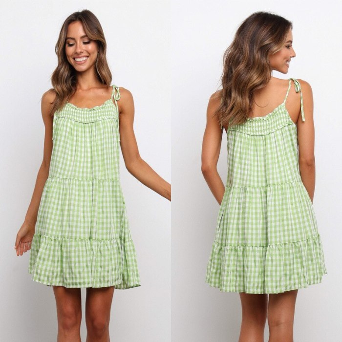 2021 Summer New Style Female Fashion Youth Girl Style Sling Lace Sukienki Damskie Checkered Loose Casual Short Pleated Dress