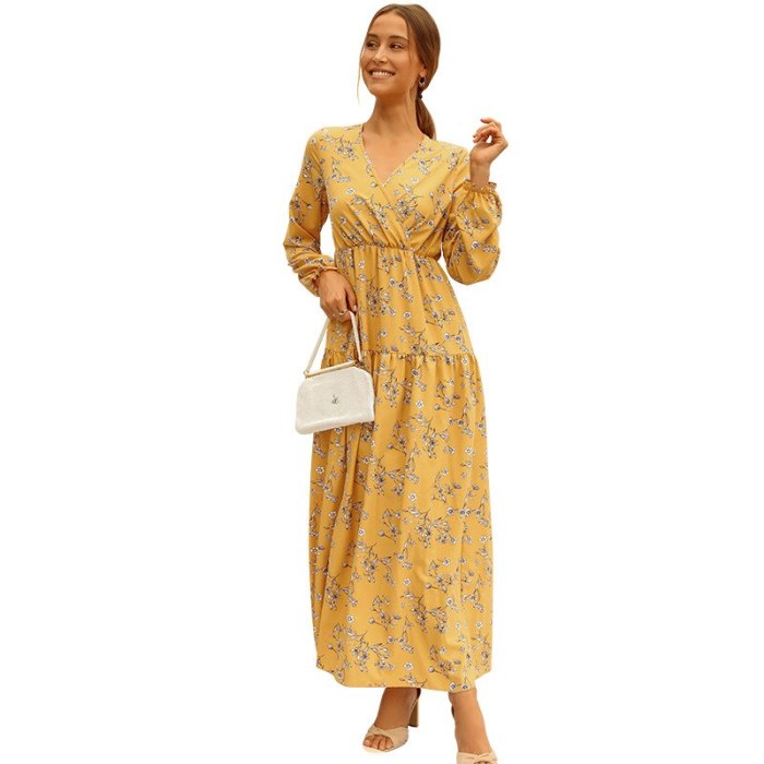 Summer Women's Dress 2021 Long Sleeve Fashion Casual High Waist Maxi Dress Slim Floral Print V Neck Office Lady Dresses Elegant