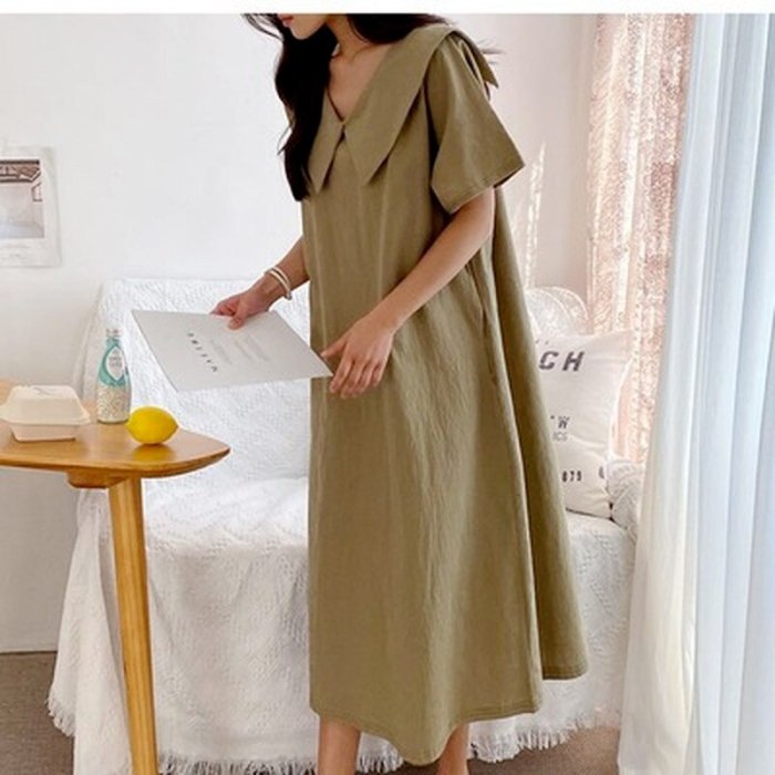 2021 Summer New Korean Simple Pure Color Dress Loose Thin Casual All-match Temperament Women Short-sleeved Dresses Robe