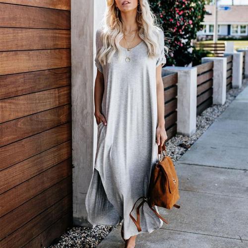 Short Sleeve Solid Color Swallowtail Casual Maxi Dress