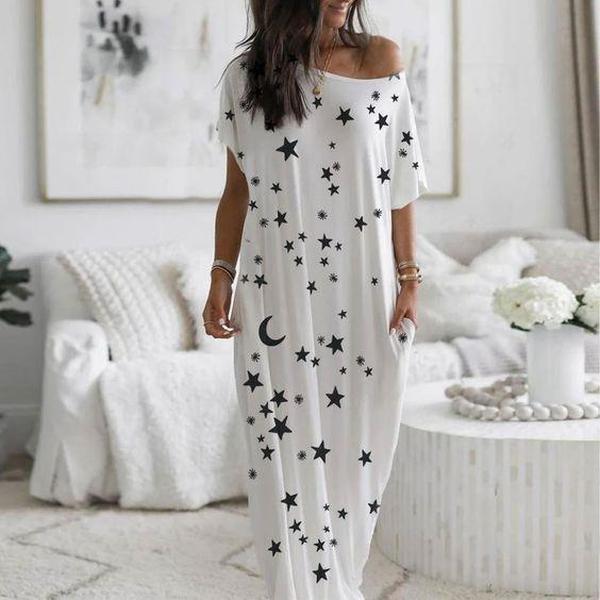 Simple Star Printed Round Neck Short Sleeve Loose Pajama Dress