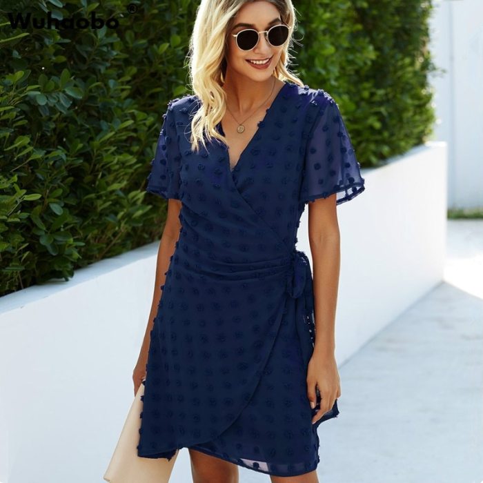 Fashion Dot Sanding Elegant Women Dress Mini 2021 Summer Boho Sundress Vestido Sexy V-Neck Female Casual Wrap up Dresses