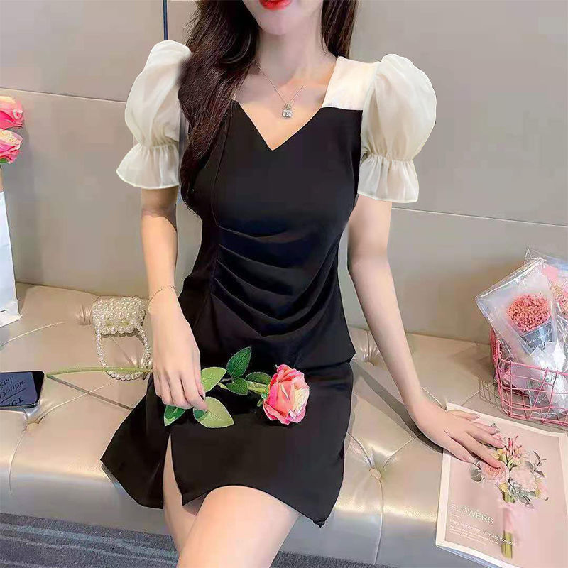 Black Dress for Women Summer 2021 Office Lady Puff Sleeve V-Neck A-LINE Vintage Dresses for Woman