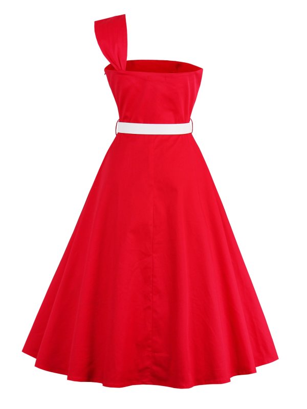 Women Vintage Dresses 2020 Summer Hot Chic One Shoulder Sexy Elegant Belt Red Sweet 1950s A Line Ladies Party Retro Day Dress