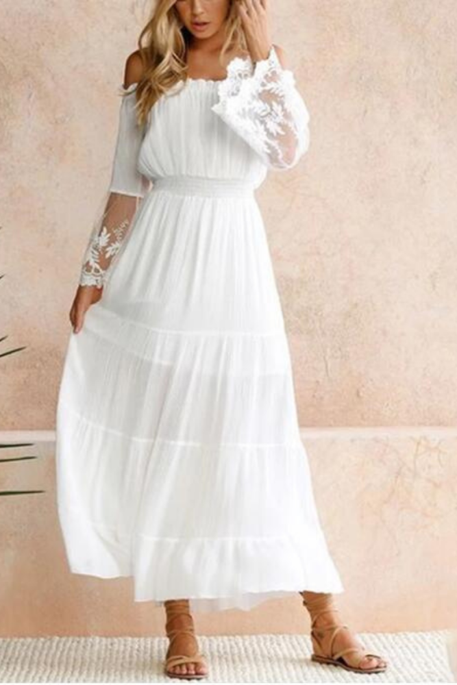 2021 Women Strapless Long Sleeve Loose White Beach Dress Sexy Off Shoulder Lace Boho Women Maxi Dress