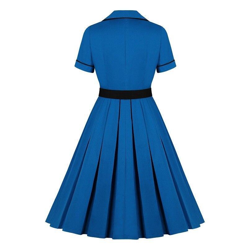 Women Midi Dresses With Belt Summer Retro Vintage Solid Color Short Sleeve Flared A-Line Office Lady Dress