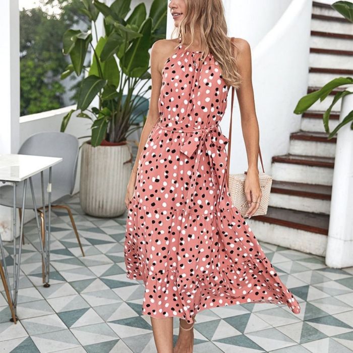 Long Dot Vacation Style Print Dress Women Lace Up High Waist Big Swing Dress New 2022 Fashion Summer Sleeveless Dress