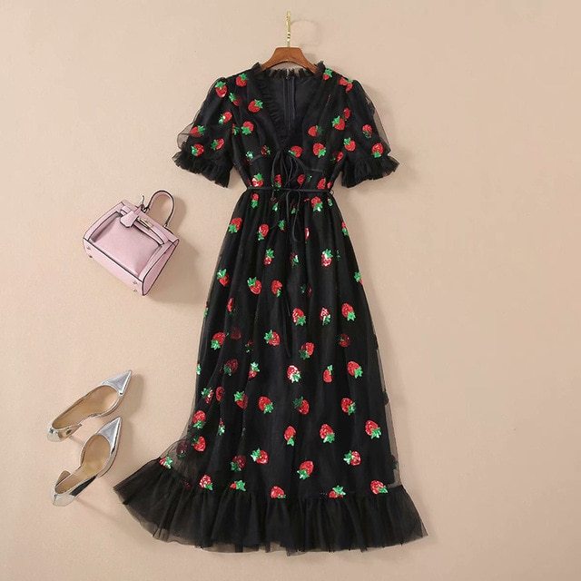 Sweet Strawberry Sequined Embroidery Cascading Ruffle Maxi Dress Women Summer V-neck Puff Sleeve Bow Pink Tulle Mesh Long Dress